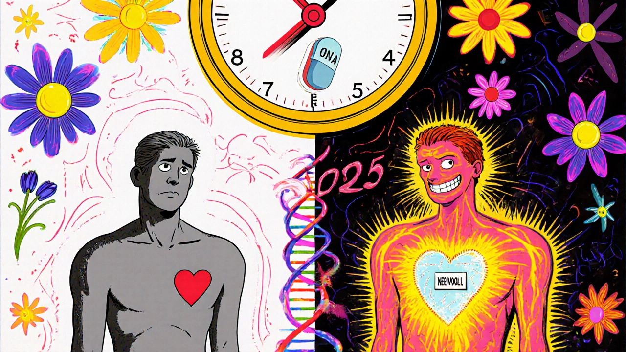 A patient split in two: one tired on metoprolol, one vibrant on nebivolol, with a DNA helix releasing a new 2025 heart drug in psychedelic style.