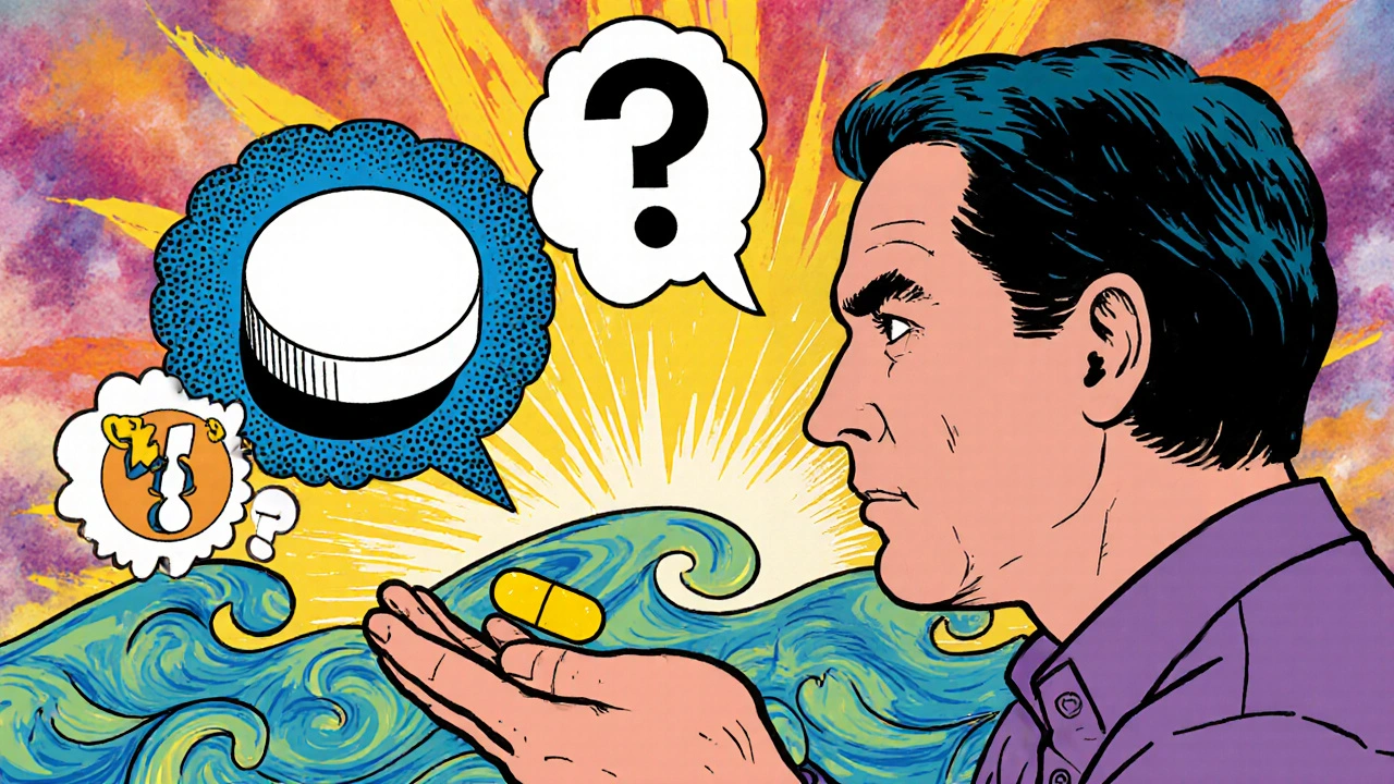 A person holding a yellow pill while a memory bubble shows a white pill, surrounded by cosmic question marks and swirls.