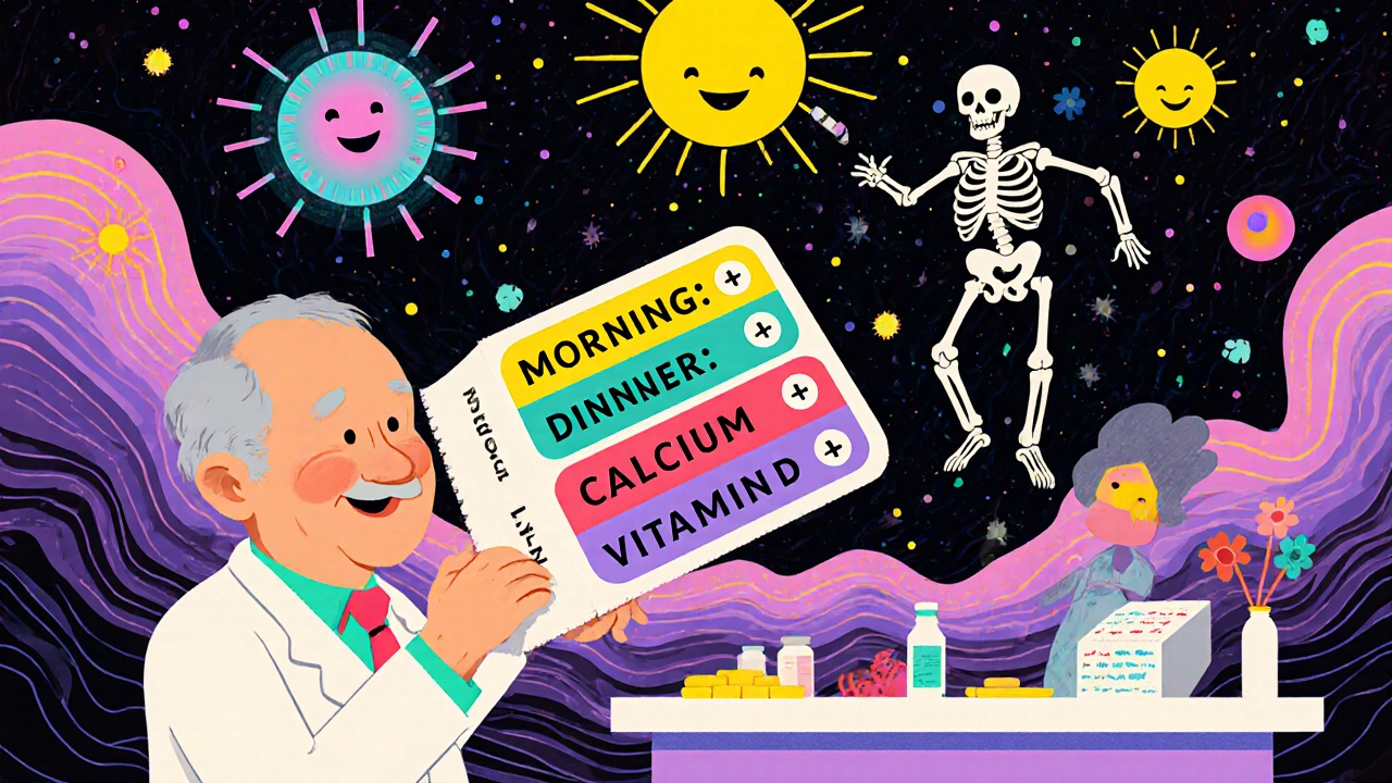 A pharmacist handing a timed pill pack with glowing labels for bisphosphonate and calcium, surrounded by happy bone cells.