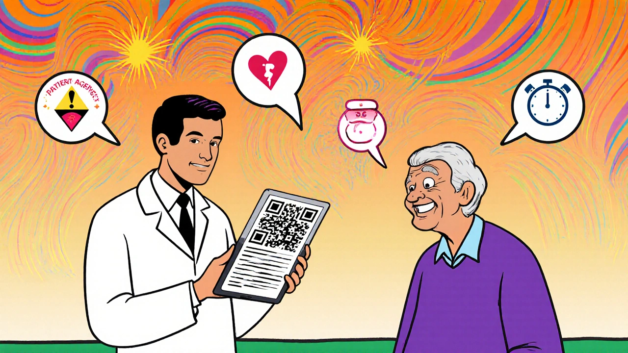 A pharmacist shows a digital drug leaflet to an elderly patient in a vibrant, psychedelic pharmacy setting.