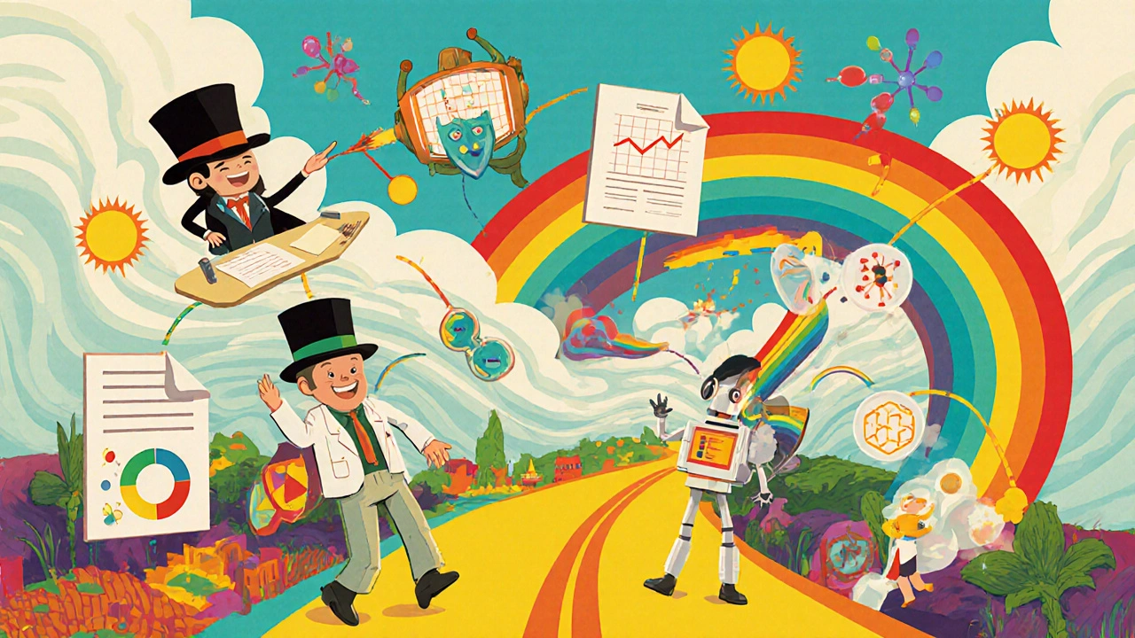 A rainbow road through a magical lab city with characters representing each verification step.