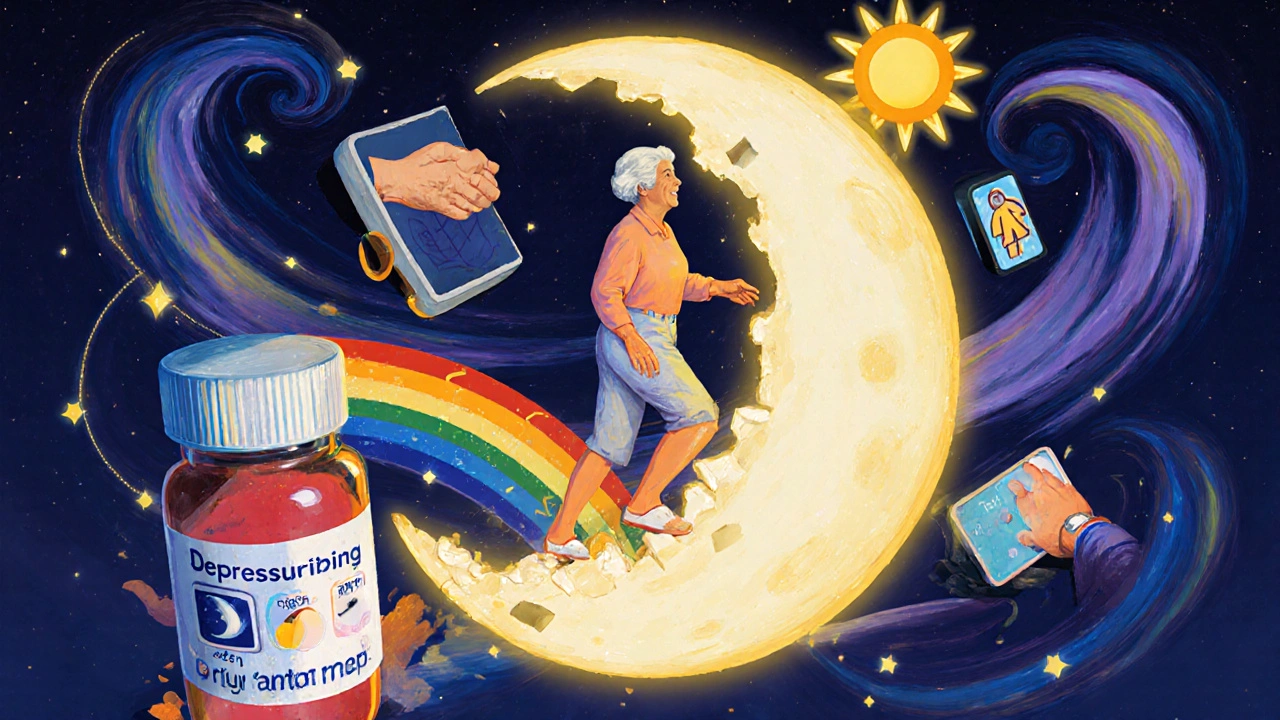A senior stepping out of a pill bottle toward a rainbow bridge of sleep hygiene elements.