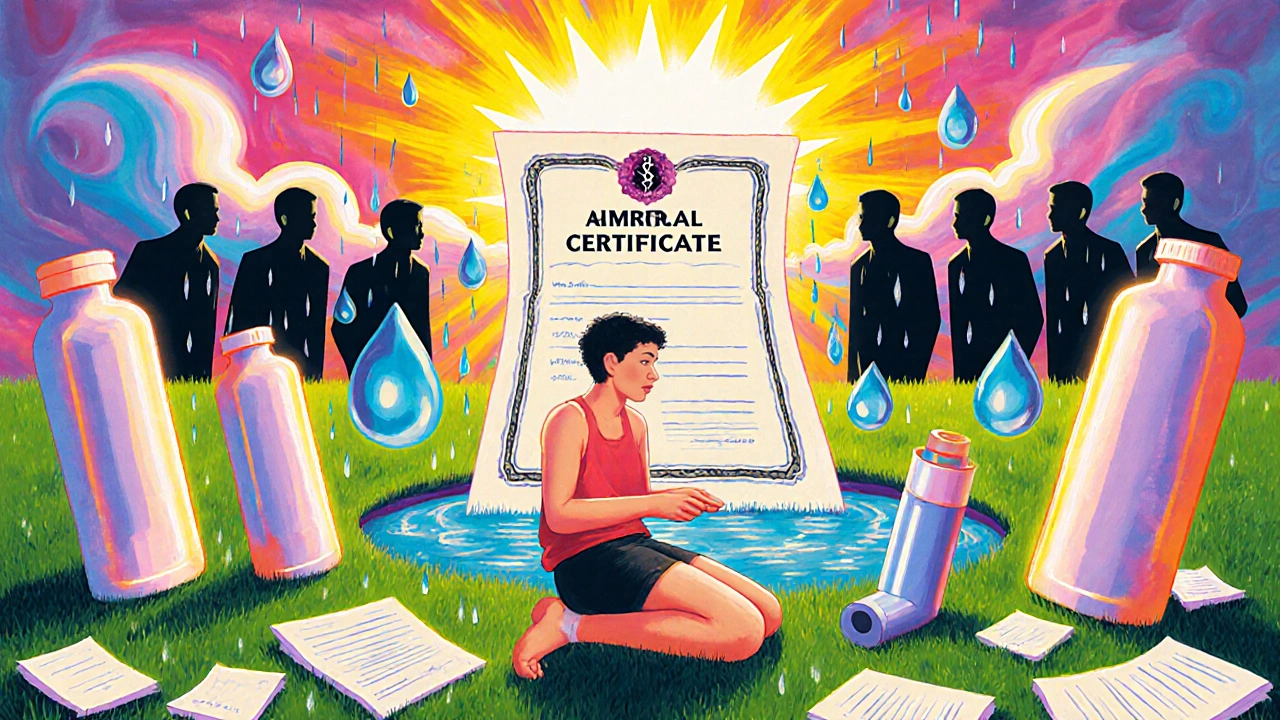 A young athlete before glowing medical vials, a radiant TUE certificate shining in the sky like a sunburst.