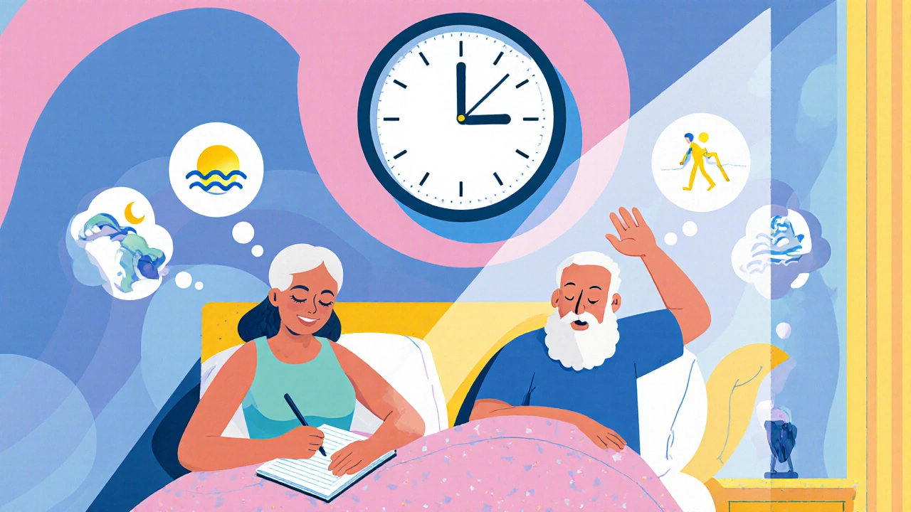 An older couple practicing sleep therapy with sunlight and calming symbols in a vibrant, swirling cartoon scene.