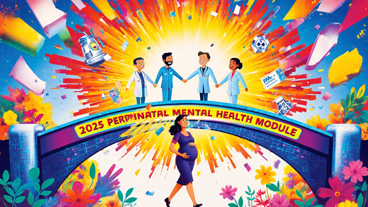 Broken health records transform into a bridge of connected clinics under a sunburst labeled &#039;2025 Perinatal Module&#039;.