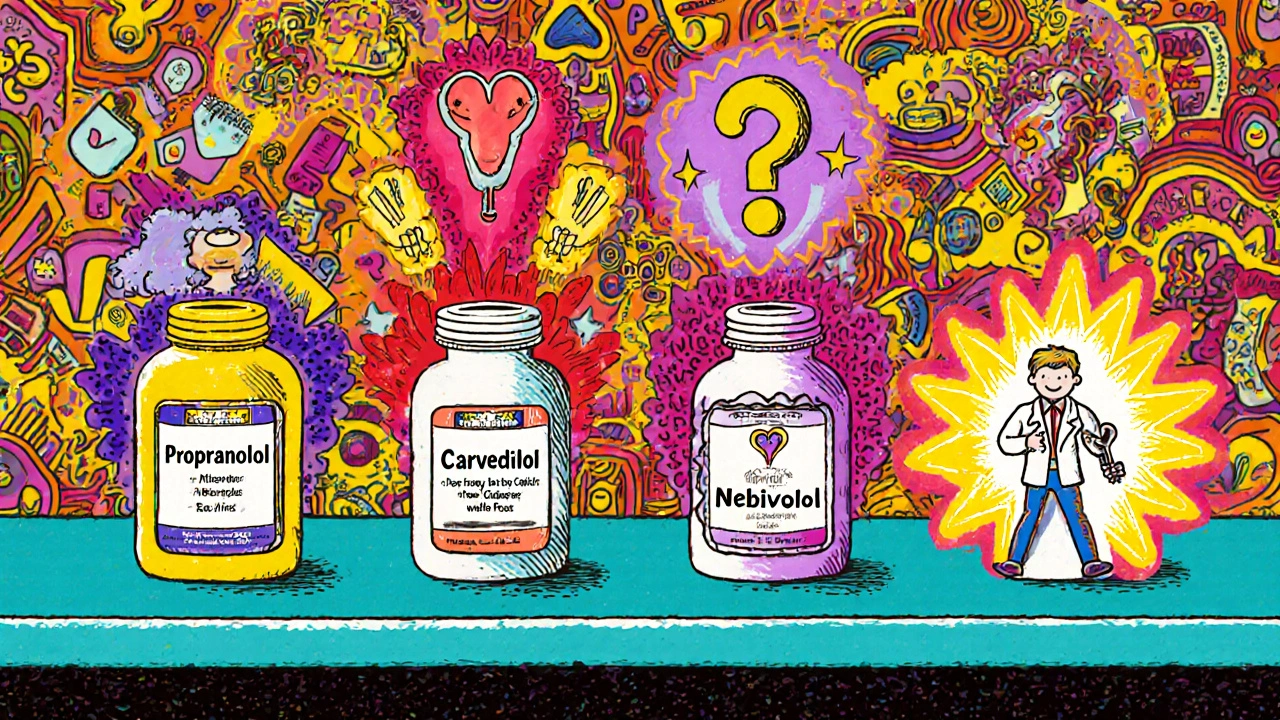 Colorful beta-blocker bottles with unique aura effects—propranolol, metoprolol, carvedilol, and nebivolol—floating in a 1960s pop-art pharmacy scene.