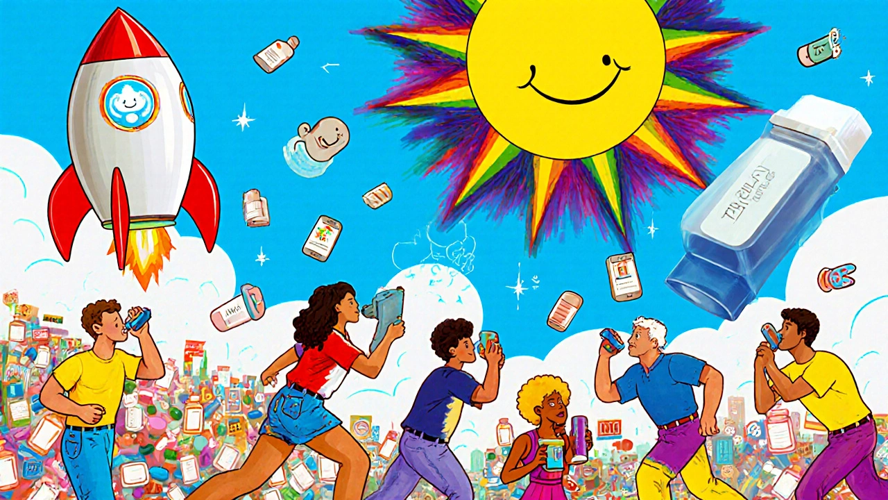 Diverse people using inhalers above a city of pill bottles, with a rainbow Trelegy rocket rising as smart inhalers send digital pulses to phones.