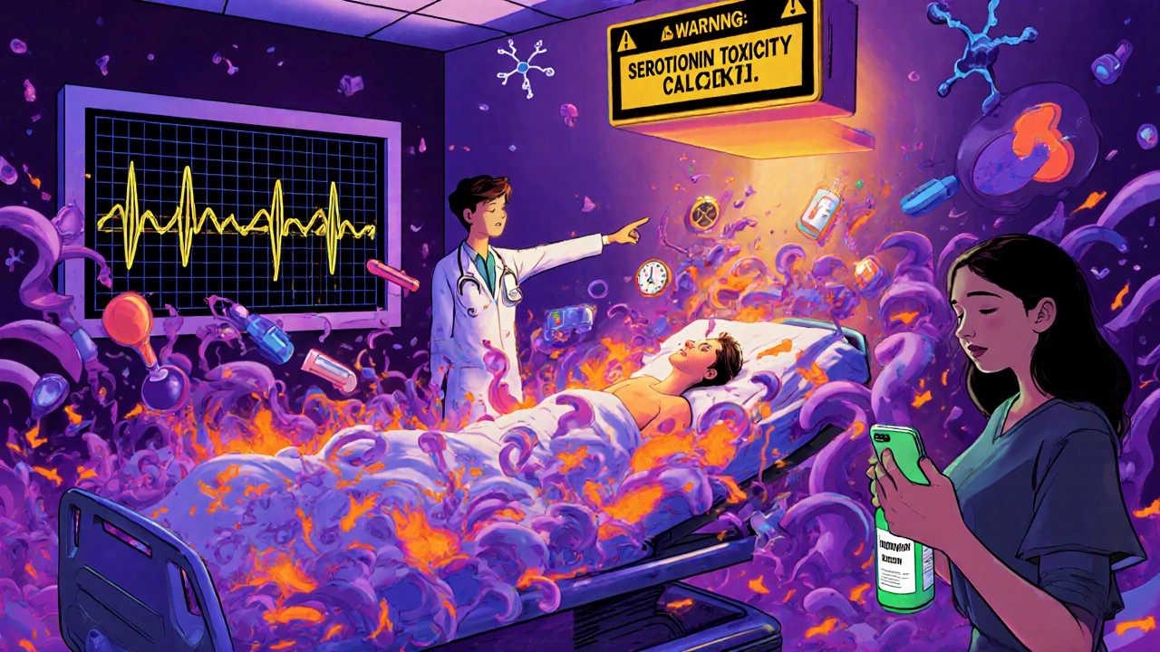ER scene with patient in serotonin storm, doctor pointing at critical warning, ibuprofen glowing safely green