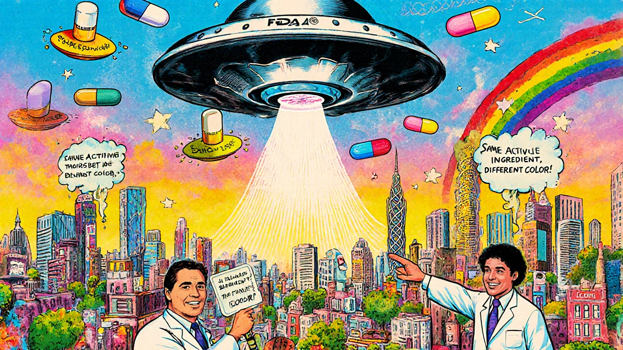 FDA shield above a city of pill bottles, with colorful pills flying like UFOs emitting bioequivalent energy beams.