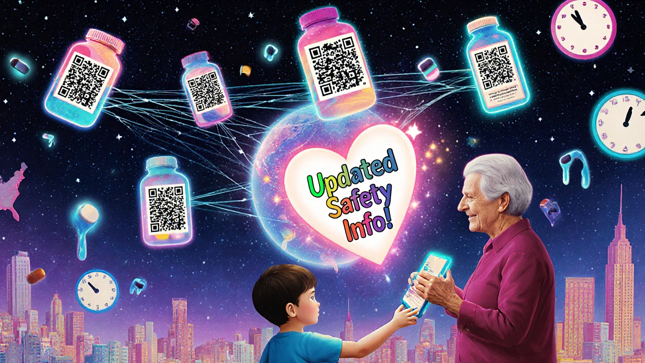 Glowing QR codes connect pill bottles across countries with radiant light streams, symbolizing real-time safety updates.