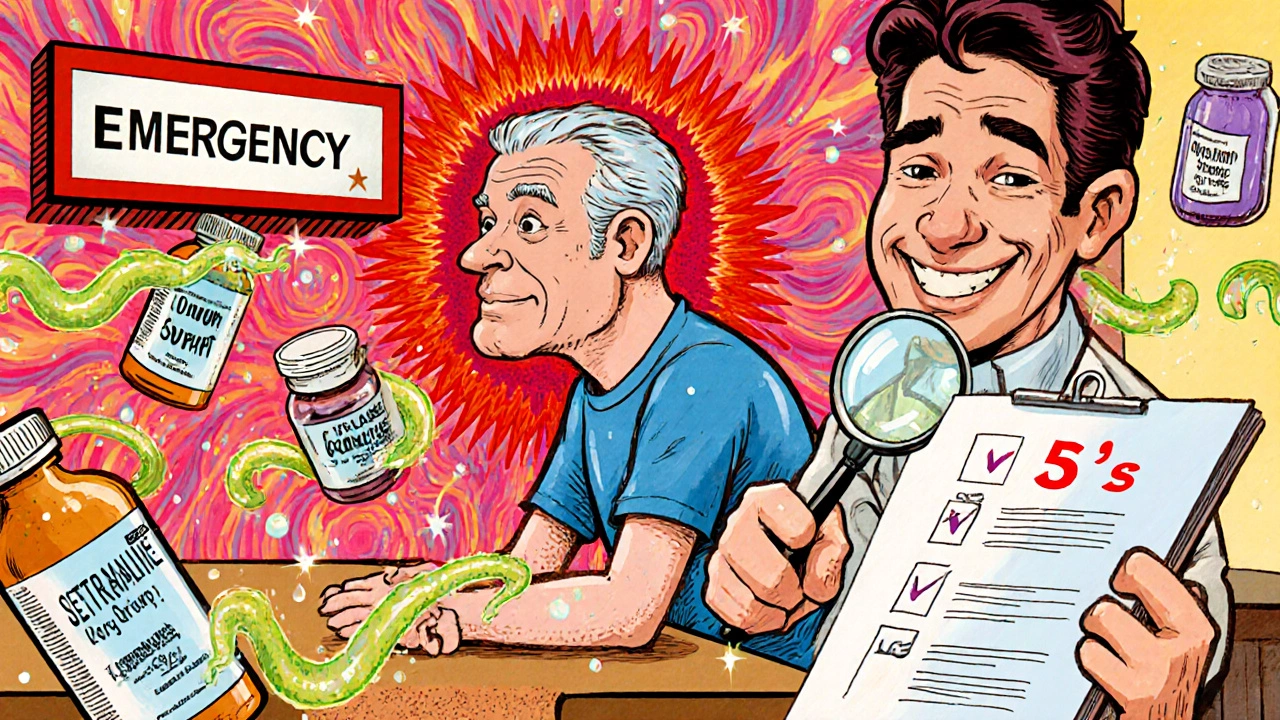 Man surrounded by floating pills showing serotonin syndrome symptoms with pharmacist holding checklist