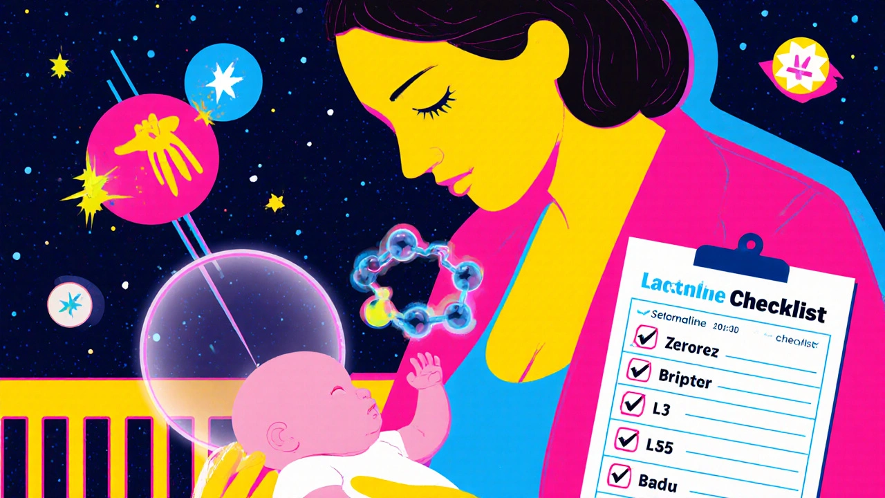 Mother breastfeeding as sertraline molecules float safely to her baby, with LactMed symbols glowing nearby.
