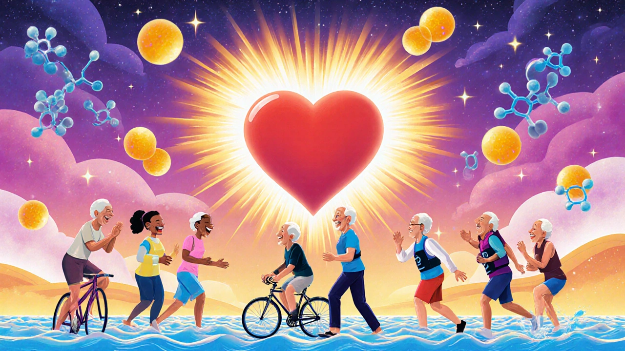 Older adults exercising gently under cosmic rays of vitamin D and floating statin molecules, forming a heart.
