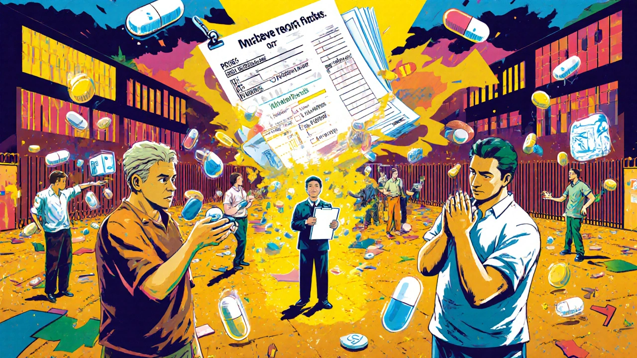 Prisoners trading pills in a chaotic yard while disconnected medical records float apart, until a pharmacist connects them.