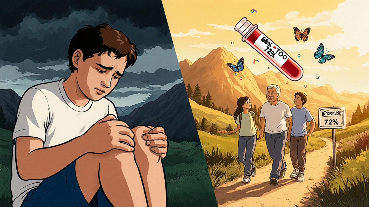 Split image showing transformation from muscle worry to confident hiking, with butterflies and a progress sign.