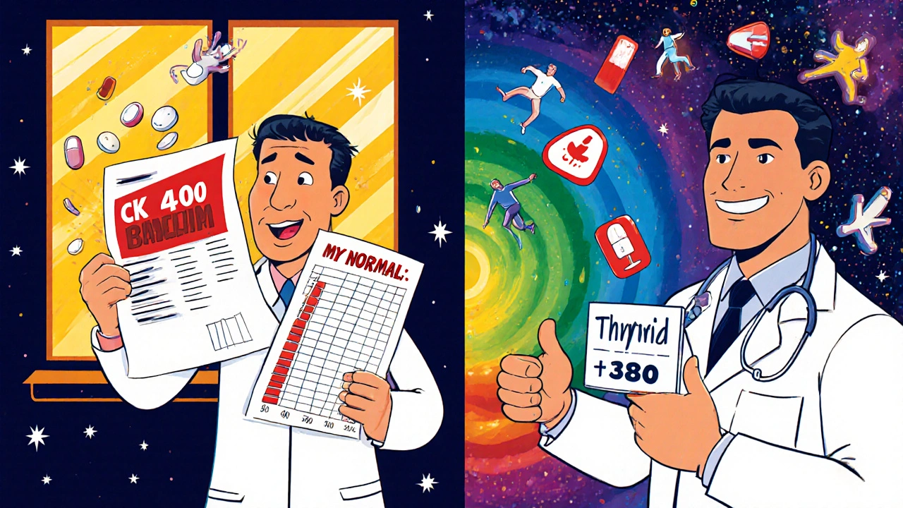 Split scene: one patient panics over high CK results, another smiles with personalized baseline chart, all in psychedelic Peter Max colors.