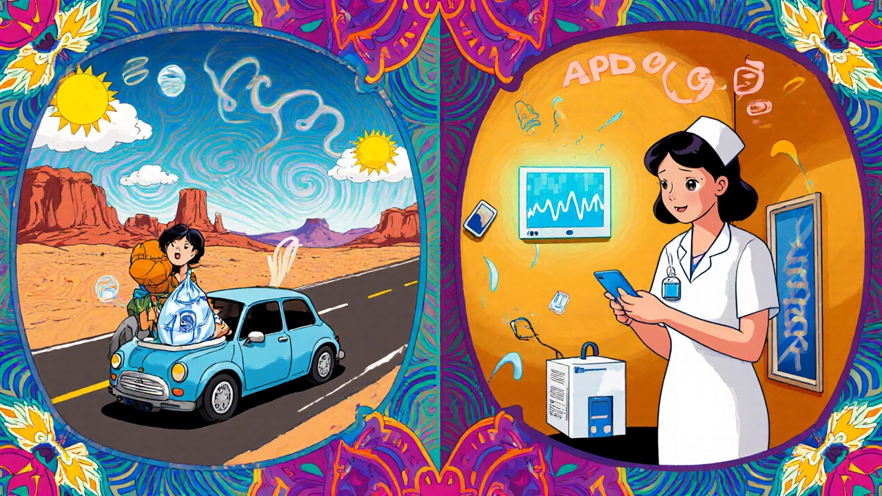 Split scene: traveler with dialysis bags on road trip and nurse monitoring APD device remotely.