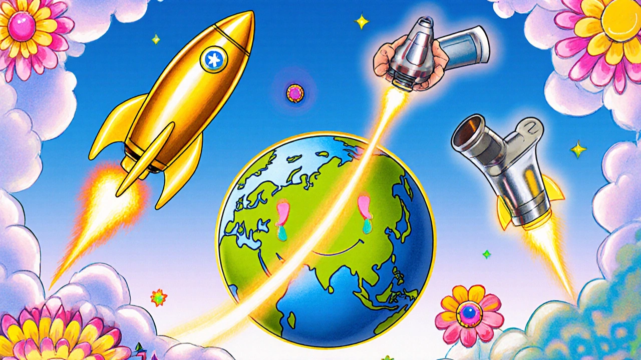 Three inhalers floating in a dreamy sky, with Anoro and Stiolto as glowing rockets versus Combivent&#039;s multiple bursts, orbiting a happy lung planet.