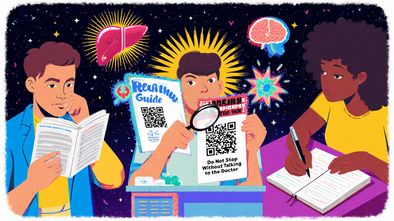 Three people using the 3-2-1 method to read medication guides, with glowing notes and QR codes around them.