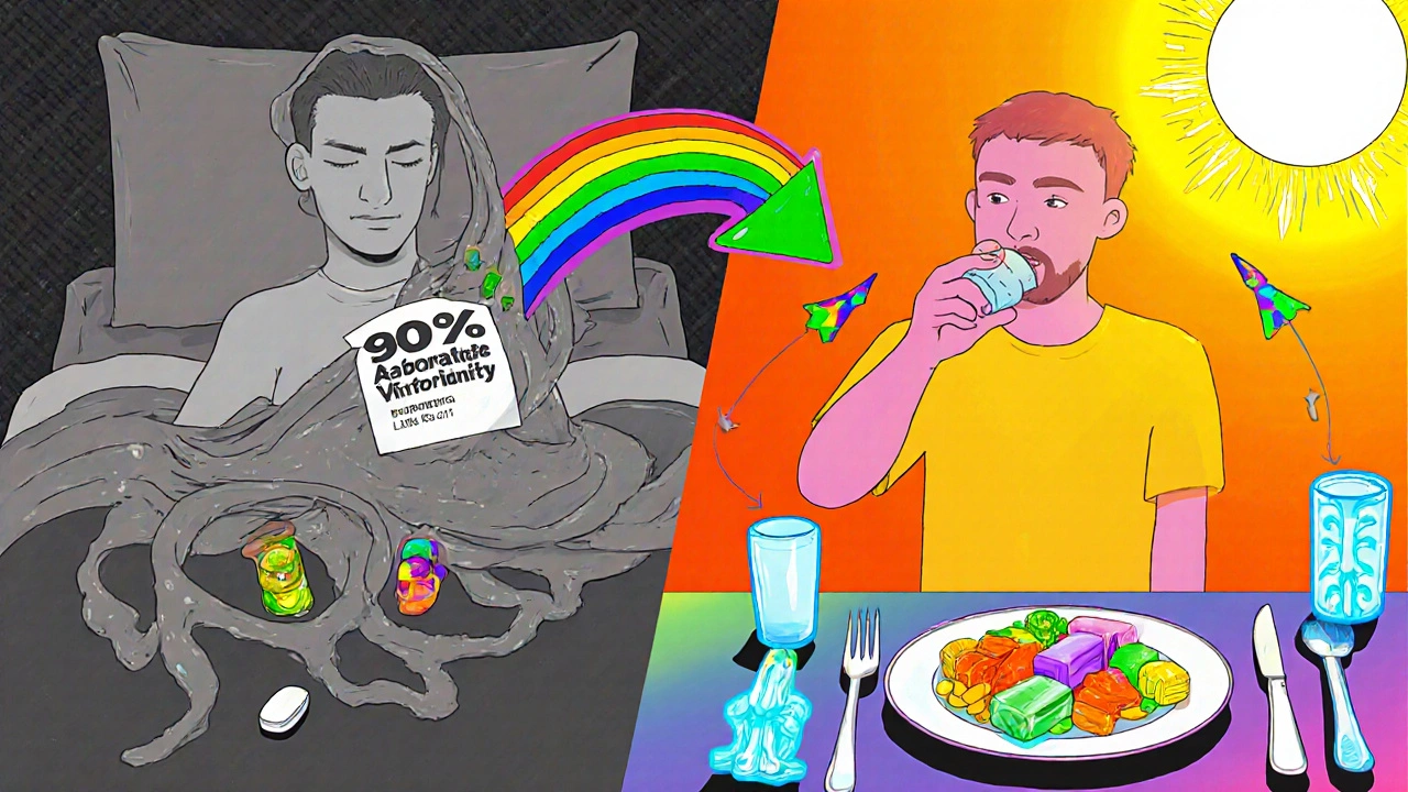 Two contrasting scenes: one with failed absorption in gray tones, another with proper timing in vibrant light and bones.