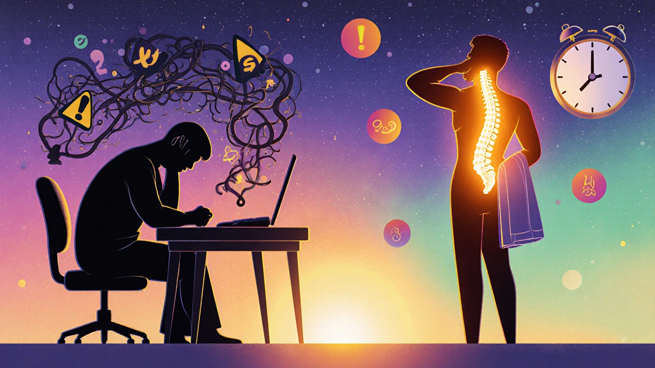 Two figures contrast: one in pain at a desk, the other healthy with glowing nerves doing neck exercises.