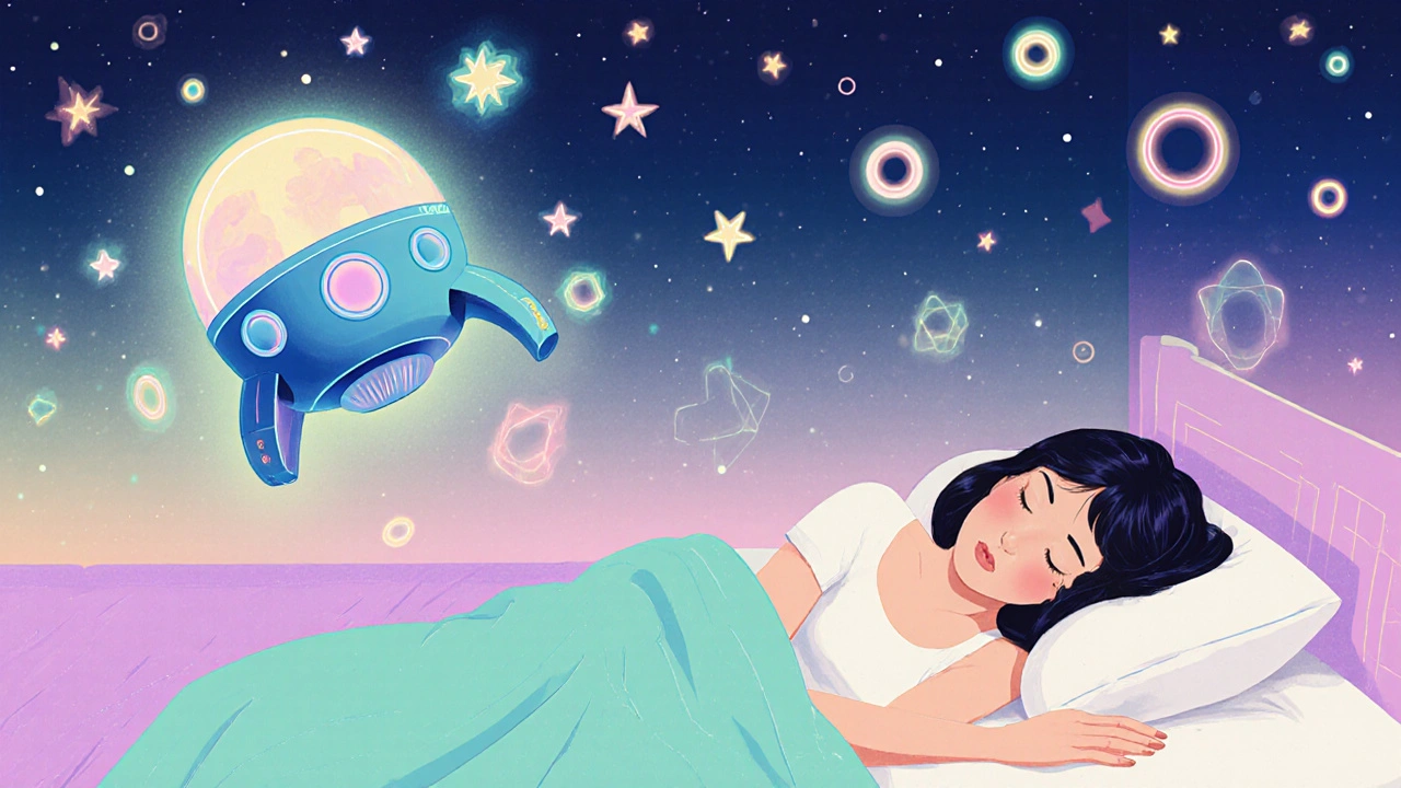 Woman sleeping peacefully with a softly glowing automated dialysis machine at night.