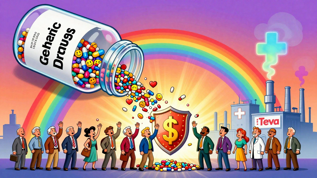 A bottle of generic pills transforming into money and smiles, with people celebrating under an FDA rainbow arch.
