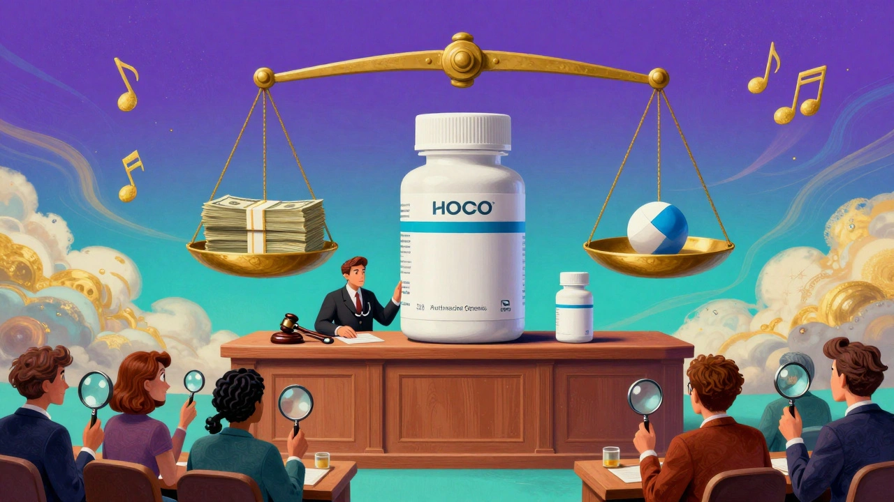 A brand-name drug bottle on trial against its own generic twin in a surreal courtroom.
