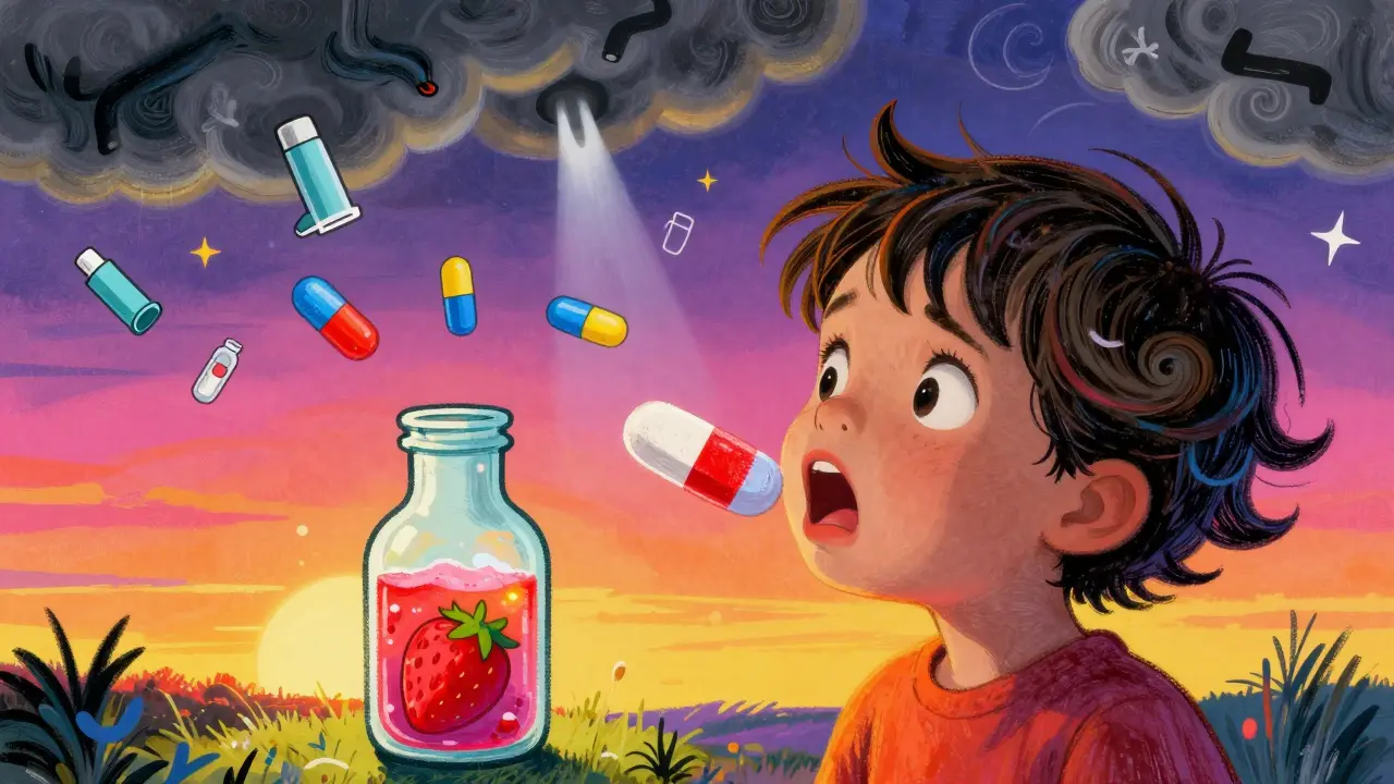 A child refuses to take a chalky generic tablet while a sweet syrup version glows beside them.