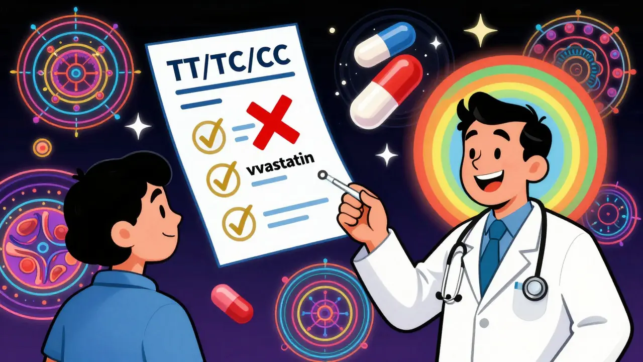 A doctor giving a cheek swab test as floating genetic labels and statin pills appear in rainbow hues above patient and doctor.