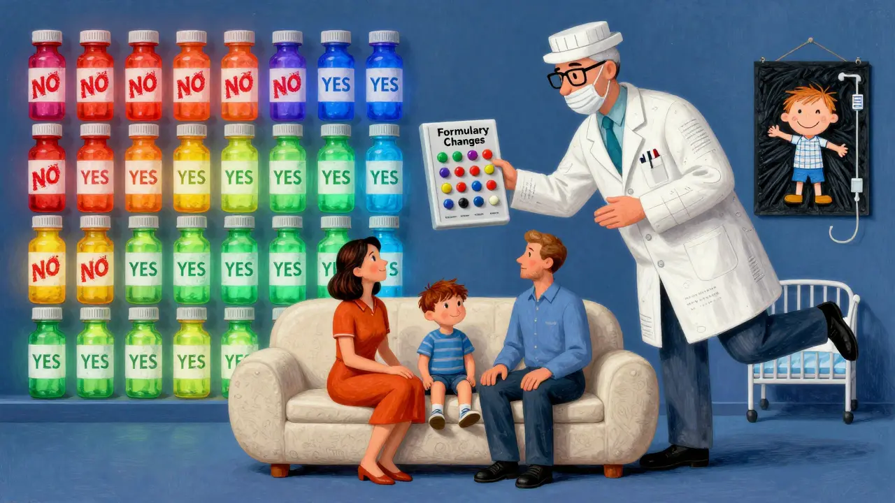 A family sits on a pill-shaped couch as a pharmacist hovers above with a formulary switchboard.