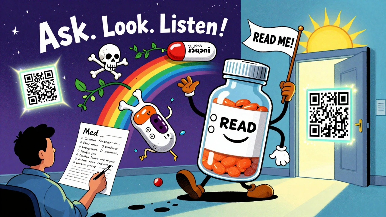 A friendly pharmacist beside a walking prescription bottle dodging danger symbols, leading to a safe pharmacy under cosmic swirls.