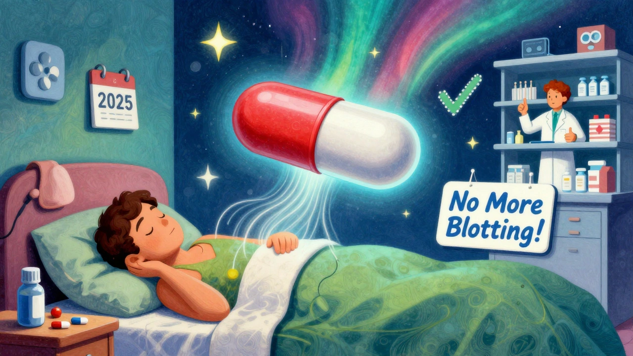 A futuristic fiber capsule releases slow tendrils while avoiding pills on a nightstand, glowing in soft auroras.