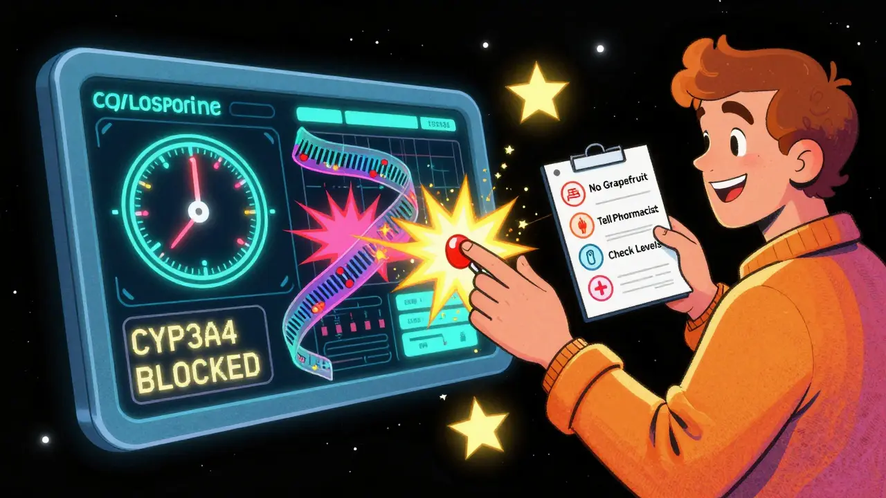A futuristic medical dashboard with pulsating cyclosporine levels and warning alerts, a patient holding a safety checklist.