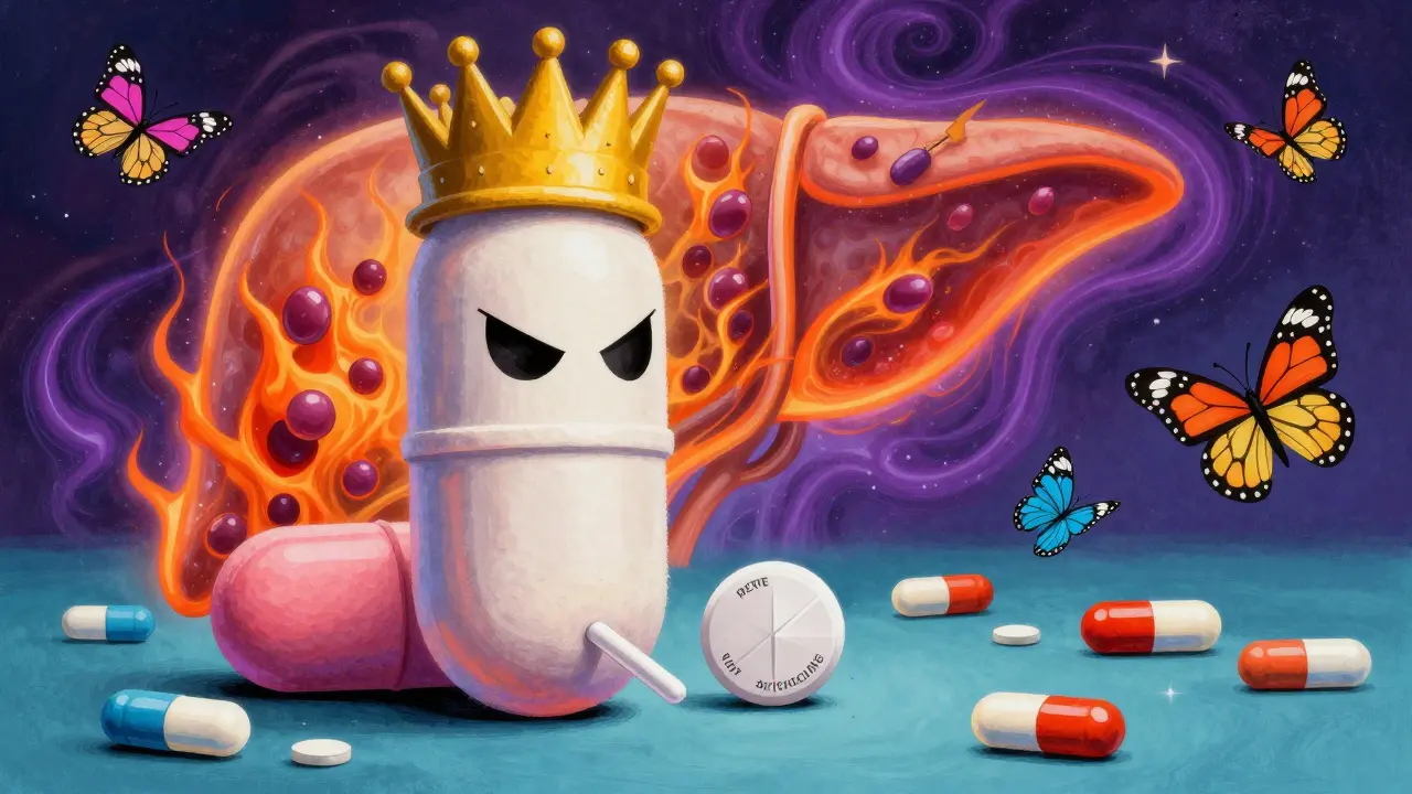 A giant rifampin pill threatens a birth control pill while a liver glows with fiery enzymes.