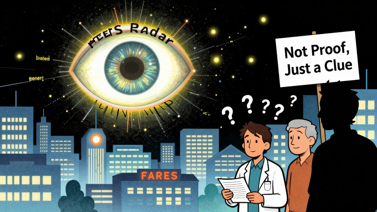 A glowing radar eye scanning a city with report dots flying in, while a doctor and patient talk below.
