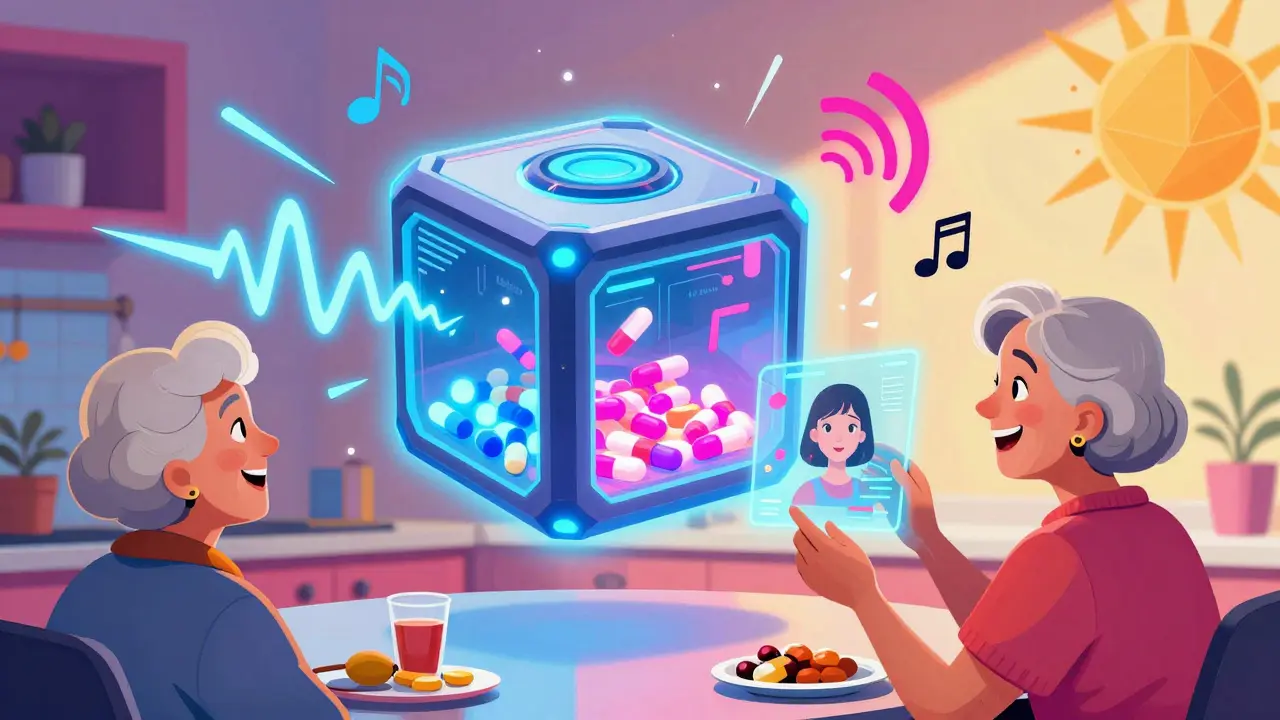 A glowing smart pill dispenser with digital alerts and a holographic family member in a pop-art kitchen.
