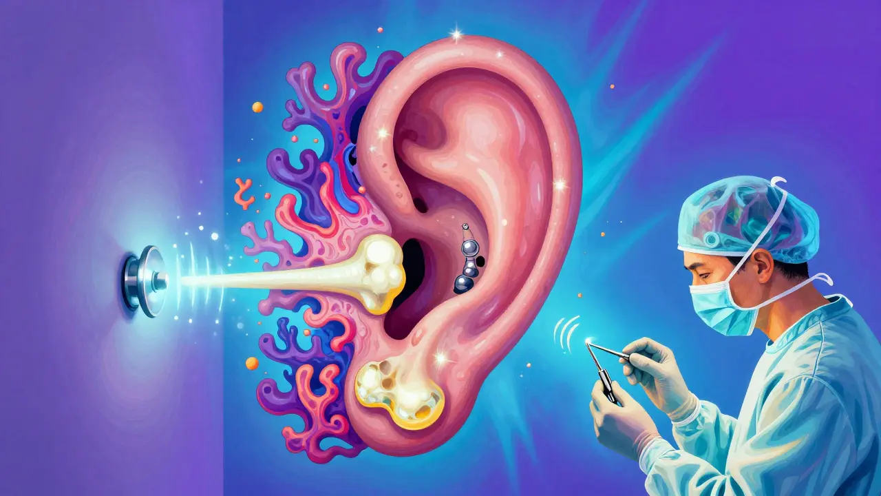 A glowing stapes bone trapped in psychedelic bone growth, with sound particles blocked by a wall.