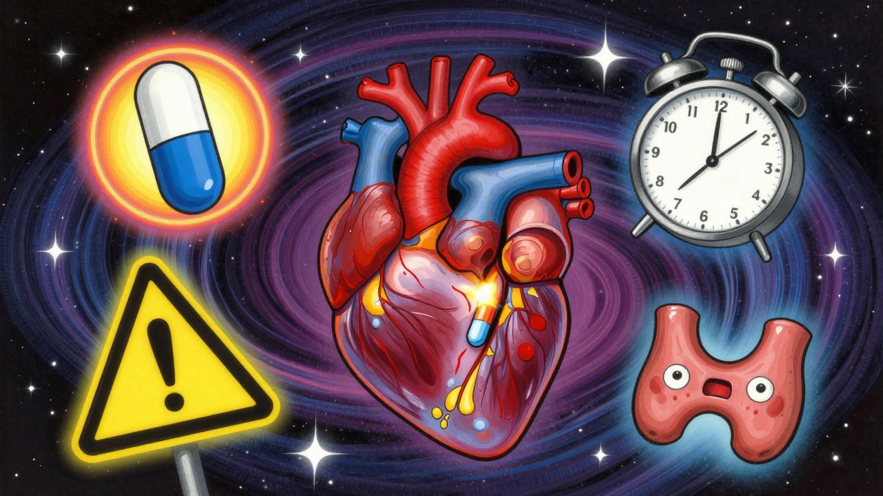 A heart with a pill inside, surrounded by warning symbols in a cosmic, rainbow-hued scene.