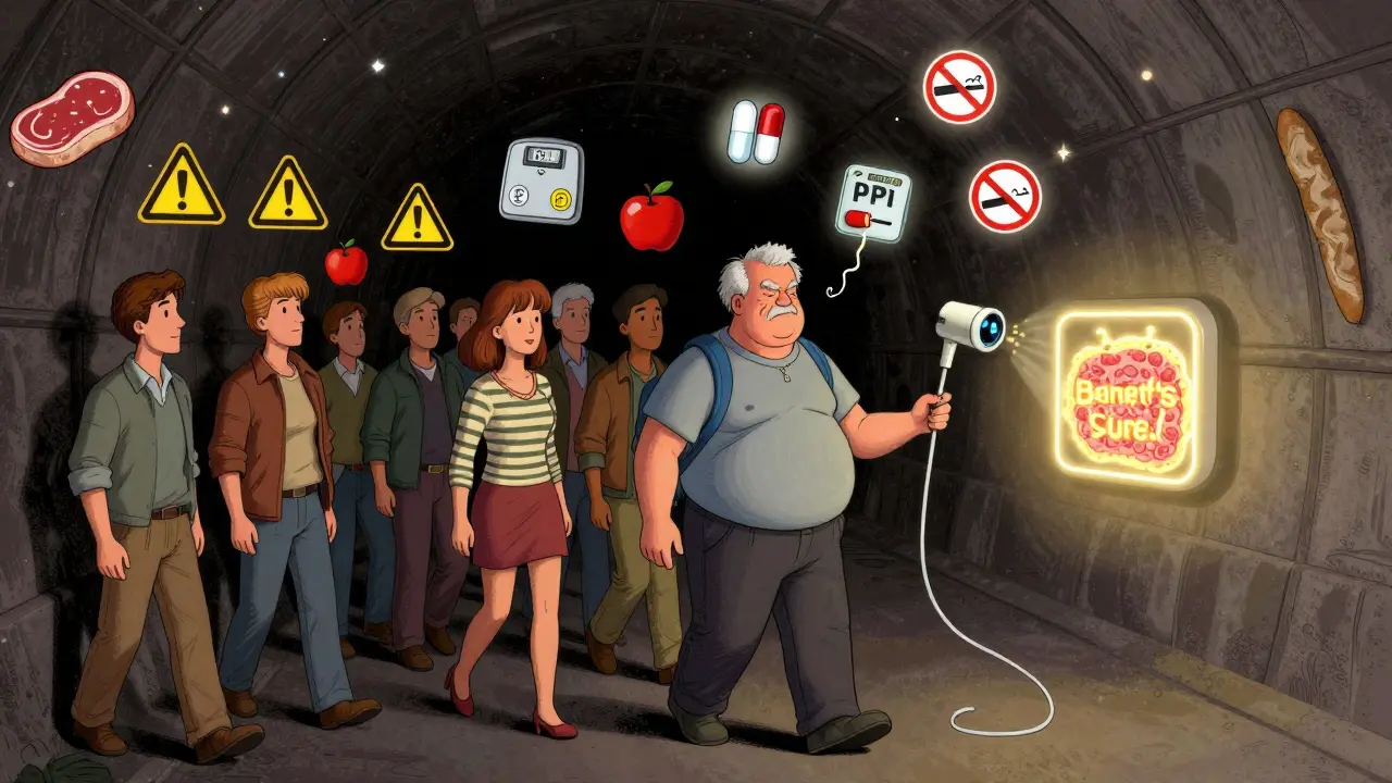 A high-risk individual surrounded by warning signs and medical symbols, with an endoscope glowing nearby.