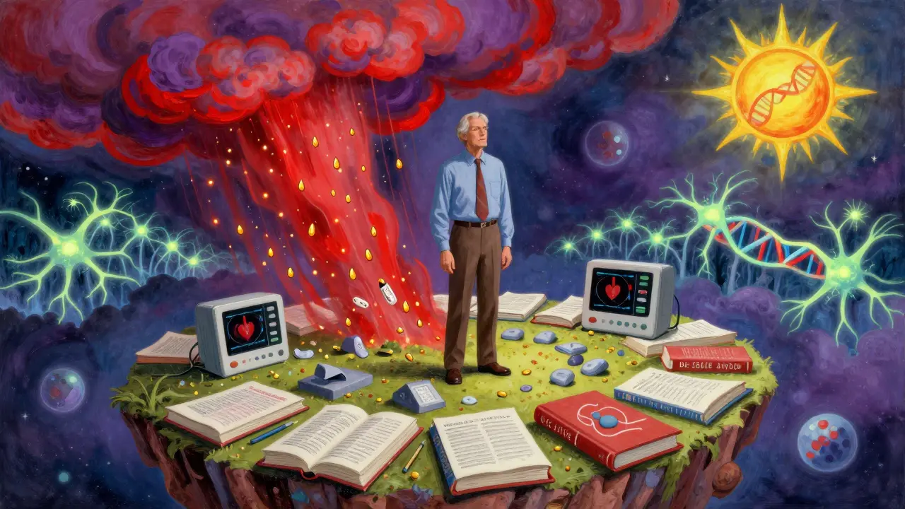 A man on a medical journal island, with fear clouds dissolving into golden statin particles.