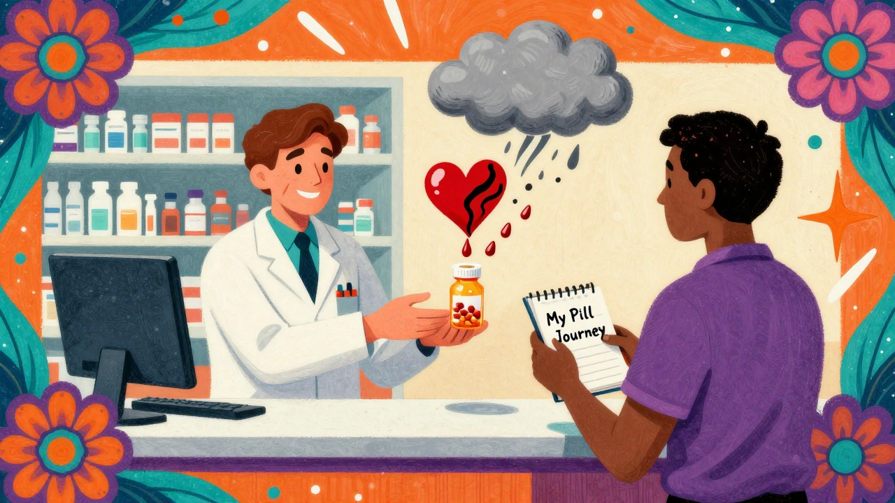 A patient at a pharmacy with danger symbols emerging from a pill bottle in vibrant, cosmic illustration.
