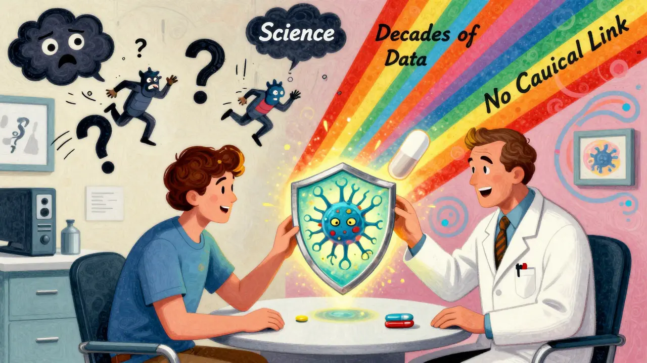 A patient holding a statin pill that protects a neuron, with fear clouds being chased away by rainbow light.