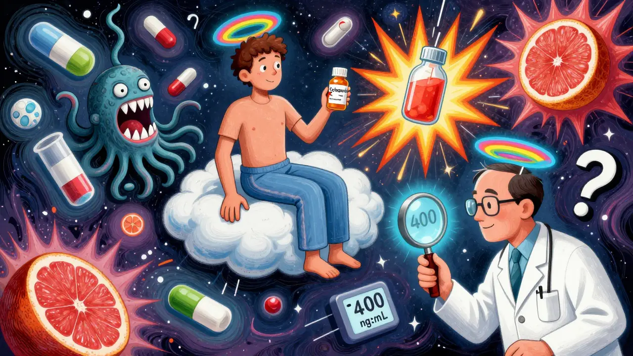 A patient on a cloud with dangerous drugs swirling around them, a doctor checking a blood level meter with rainbow halos.