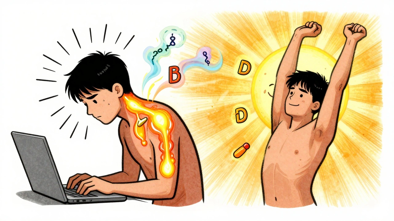 A person hunched over a laptop with glowing muscle knots beneath skin, contrasted with a calm, stretched version under golden light.