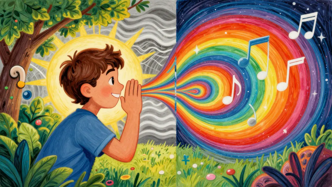 A person smiling as rainbow sound spirals flow into their ears, symbolizing restored hearing.