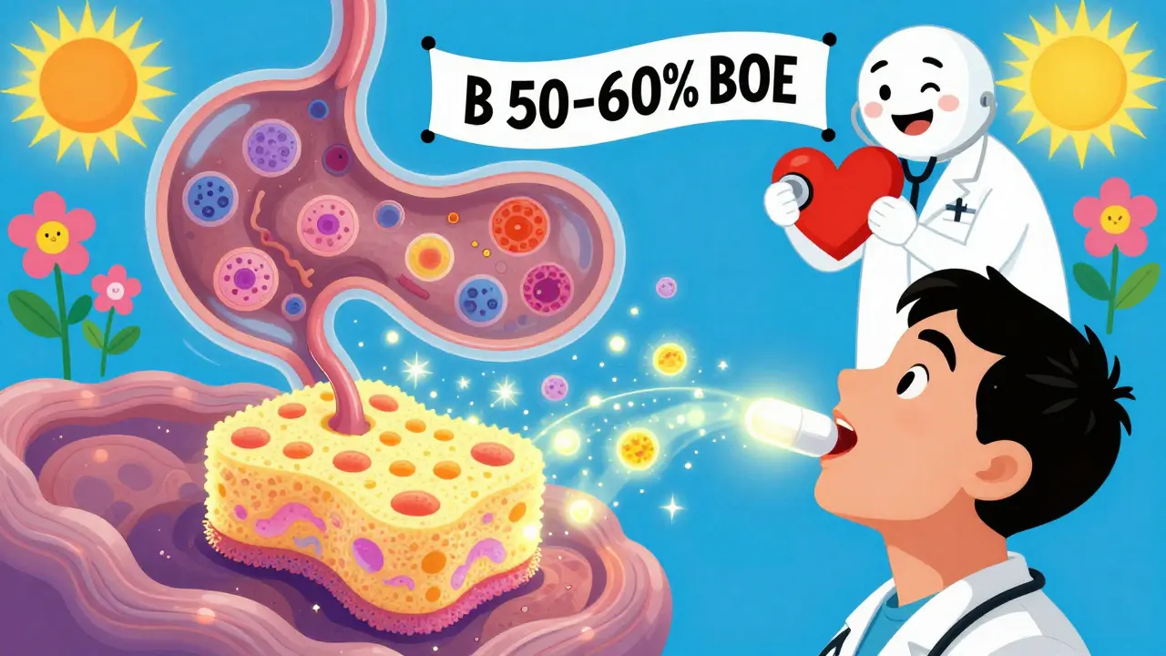 A person swallowing a glowing Cytosponge that collects cells, with a doctor and rising survival rate in the background.