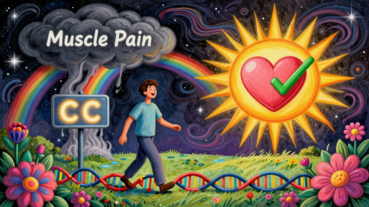 A person walking on a DNA path away from a fading pain cloud toward a heart-shaped safe statin pill in vibrant cosmic colors.