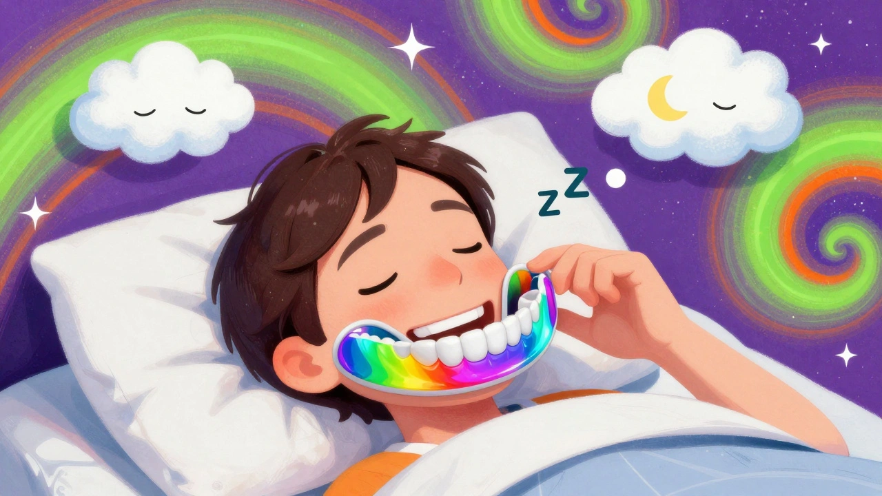 A person wearing a rainbow oral appliance while sleeping, with dreamy sleep symbols floating above them.