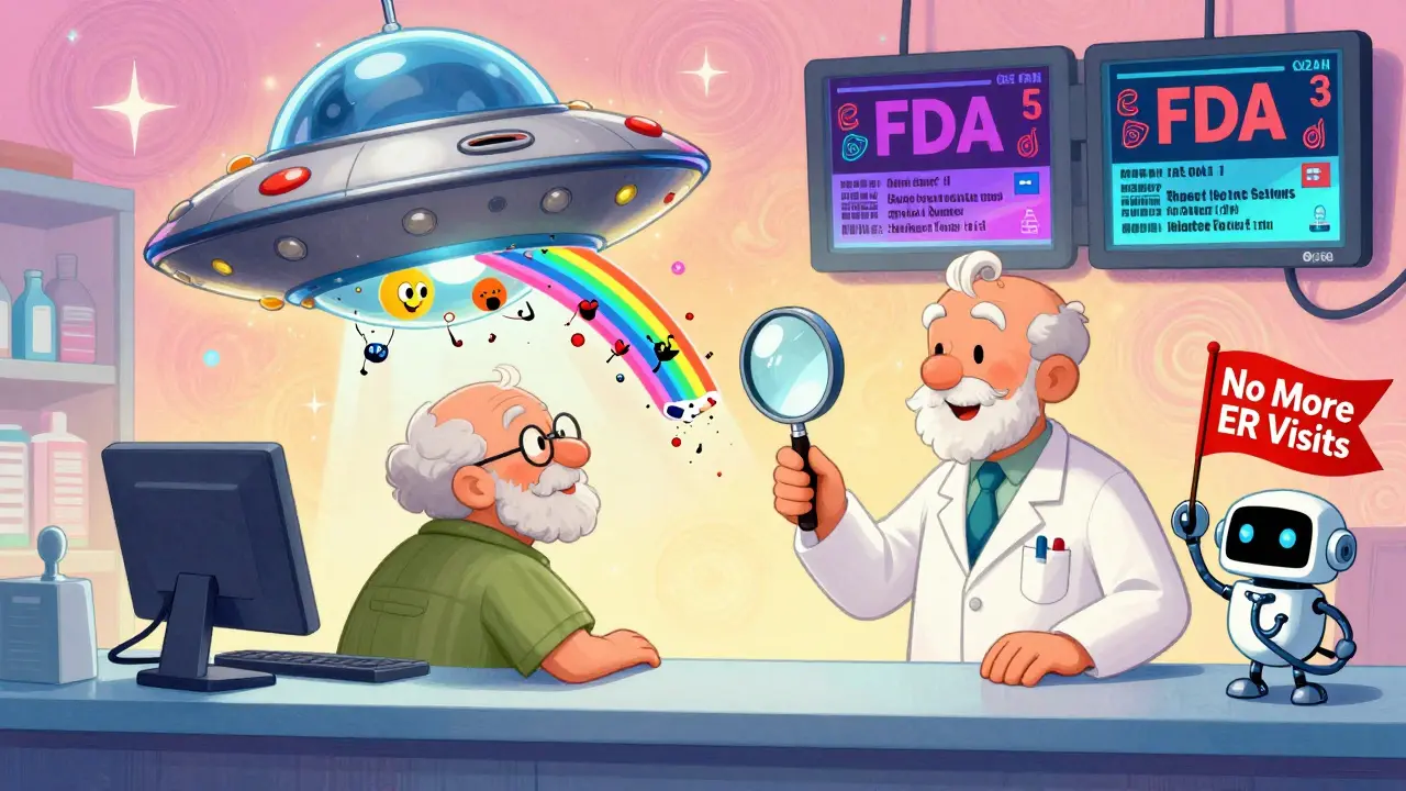 A pharmacist handing a magnifying glass to a senior while a rainbow barcode scanner identifies dancing pill characters, with FDA alerts in swirling colors.